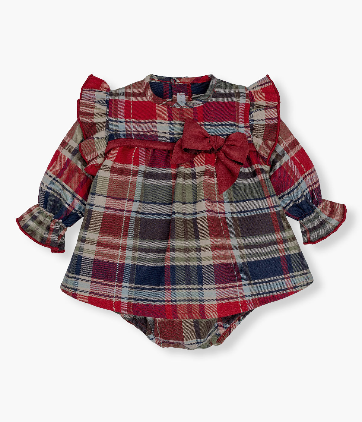 Vista frontal do vestido com tapa fraldas da Calamaro Baby para bebé menina e recém-nascida, 100% algodão. Elegante vestido com padrão xadrez em tons vermelho, verde e azul-marinho com laço na frente. Tapa fraldas a combinar.