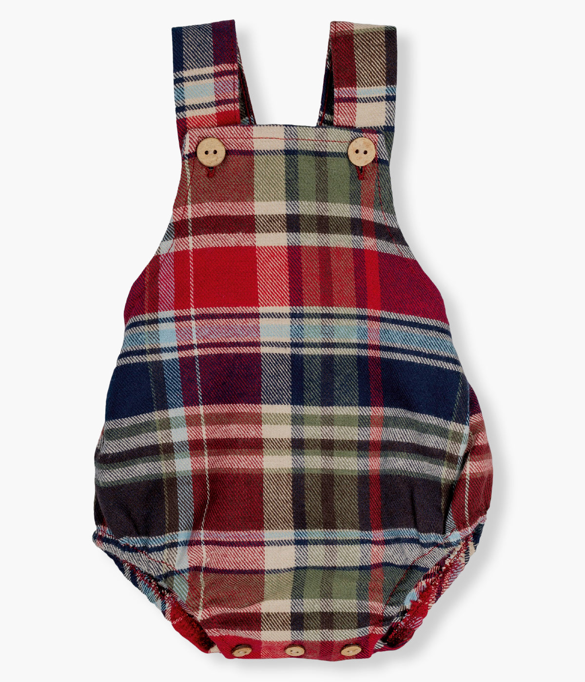 Vista frontal do fofo da Calamaro Baby para bebé e recém-nascido(a). Elegante fofo de alças com padrão xadrez em tons vermelho, verde e azul-marinho de abertura nas alças e entrepernas.