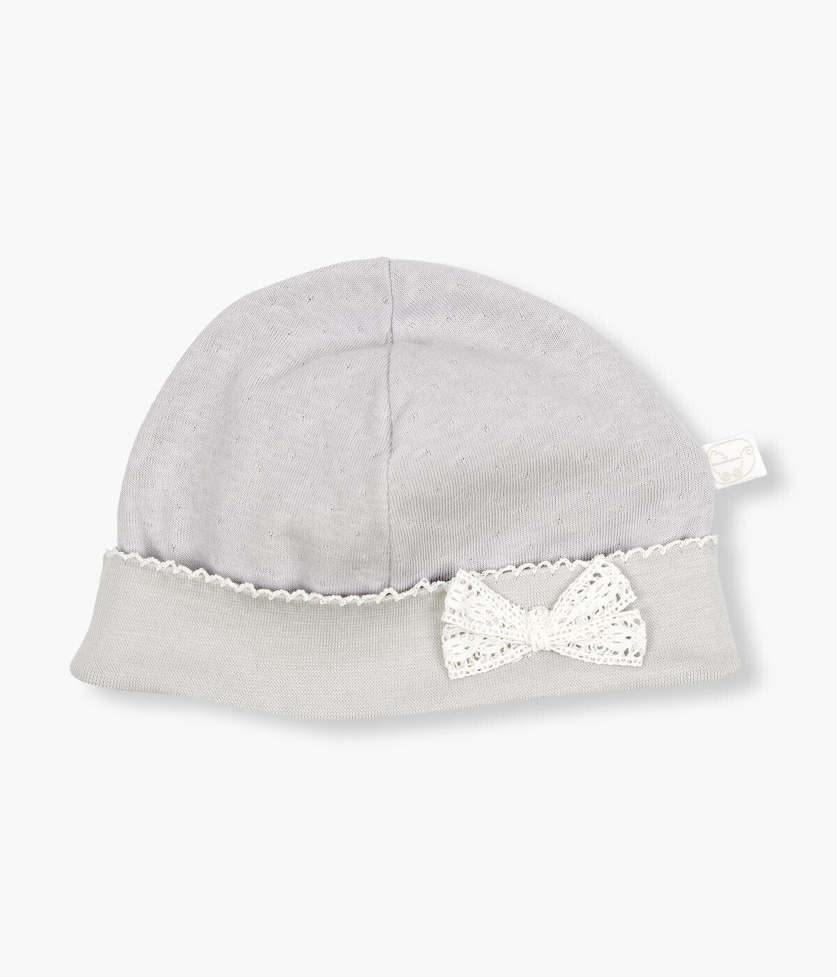 Gorro em Algodão com Laço em Renda para Bebé - Branco e Cinza