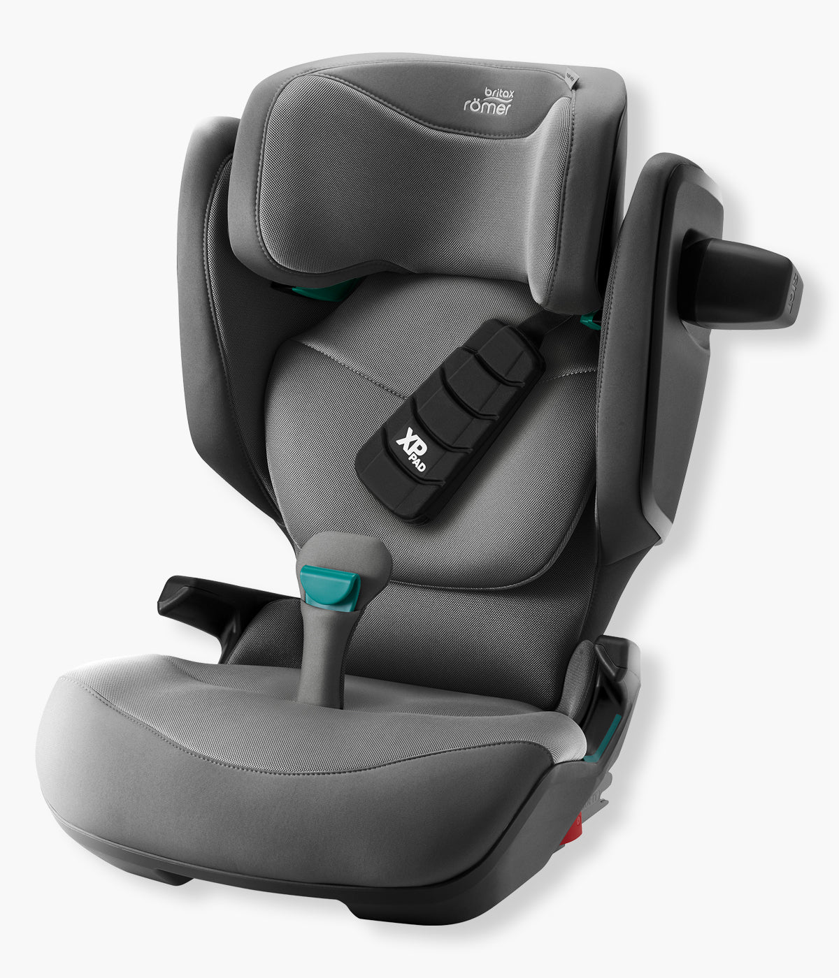 Vista lateral da cadeira auto elevatória Kidfix Pro Style da Britax Römer na cor Mineral Grey. Prática cadeira auto i-Size desenvolvida para acompanhar a criança dos 100 aos 150 cm, aproximadamente dos 3,5 aos 12 anos.