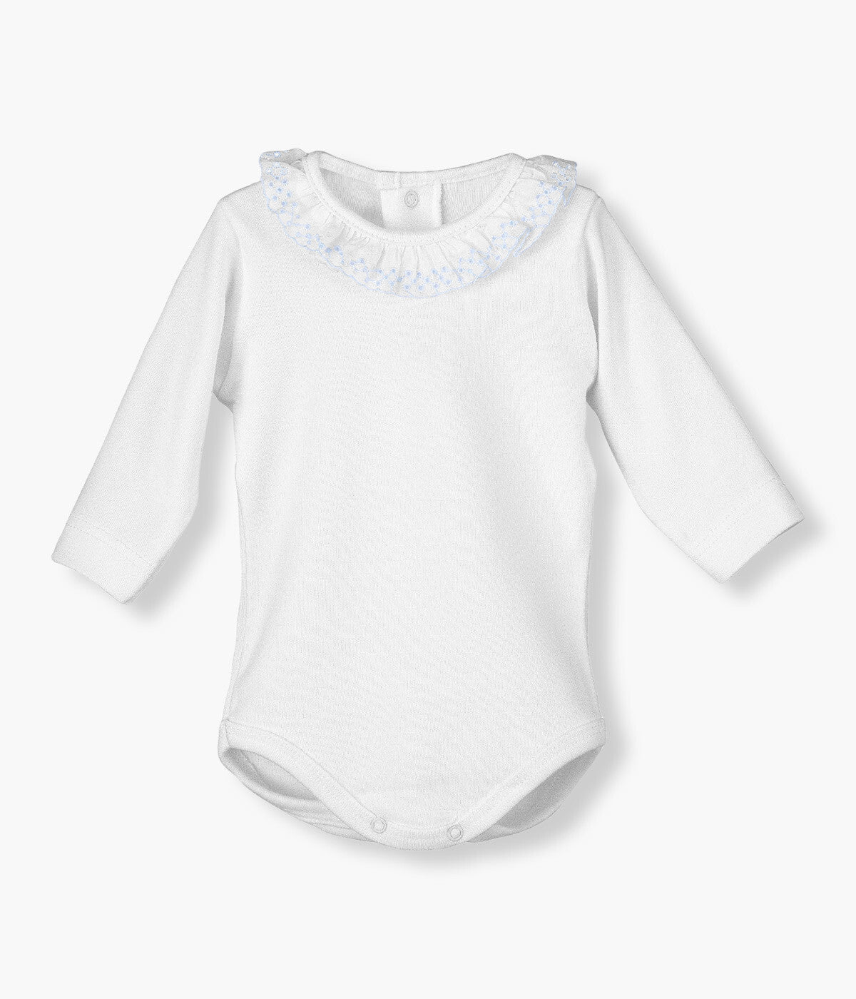 Body Algodão Manga Comprida Gola Folho Bebé - Branco e Azul