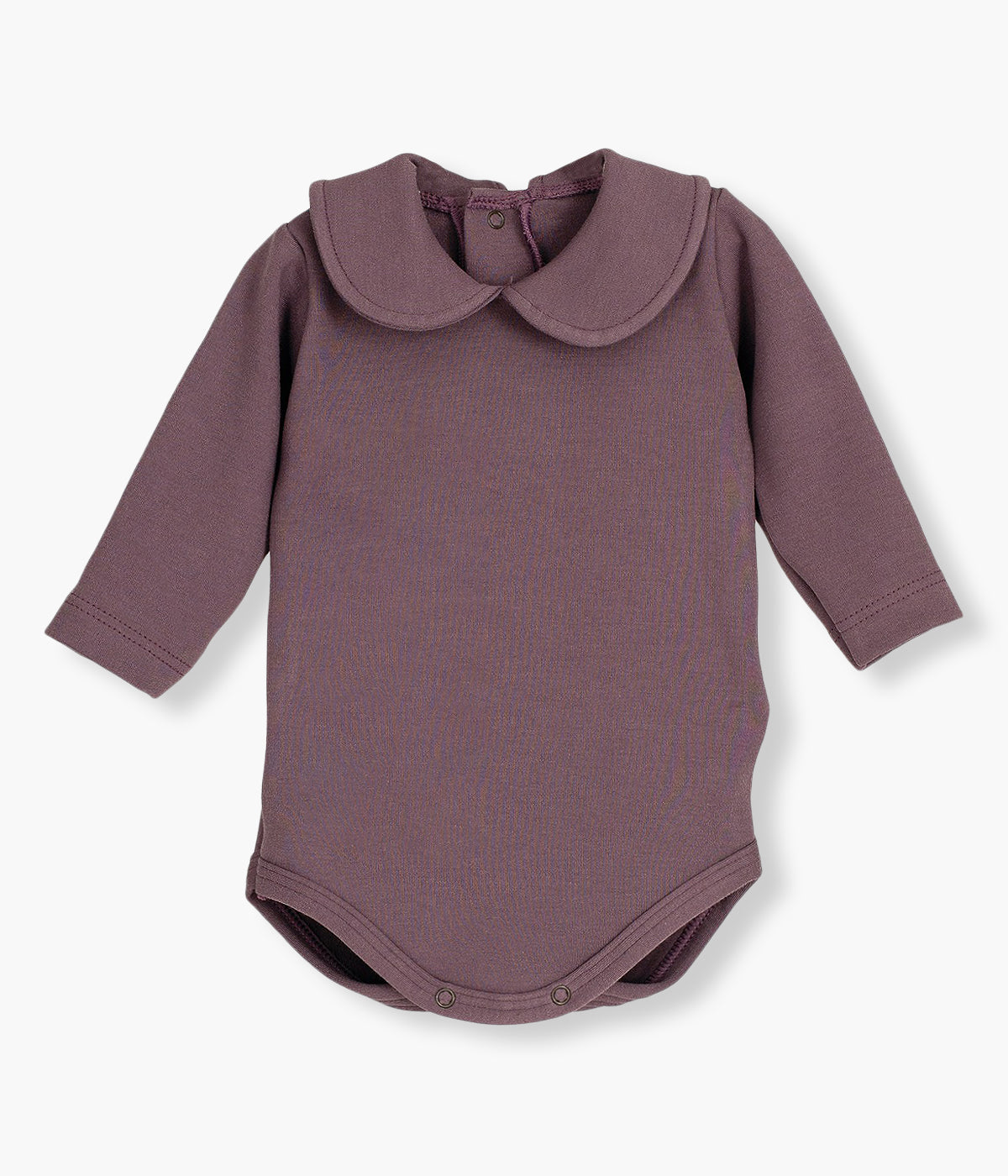 Body de manga comprida com gola redonda cortada em algodão beringela da Calamaro Baby para bebé e recém-nascido(a). Abertura com molas de pressão nas costas e entrepernas para vestir facilmente.