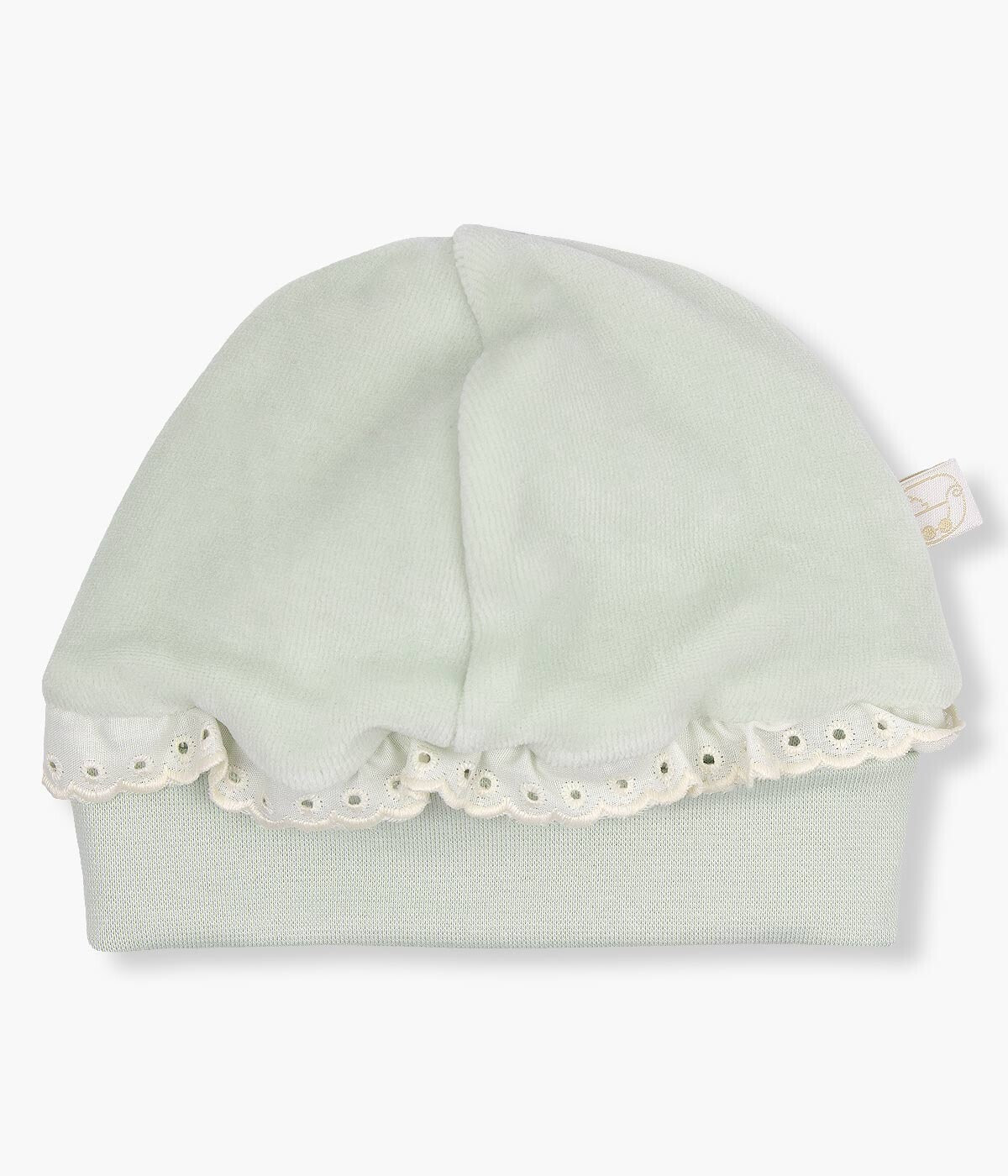 Gorro em Veludo com Renda para Bebé - Pérola e Verde