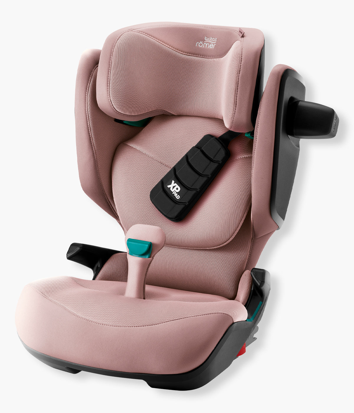 Vista frontal da cadeira auto elevatória Kidfix Pro Style da Britax Römer na cor Dusty Rose. Prática cadeira auto i-Size desenvolvida para acompanhar a criança dos 100 aos 150 cm, aproximadamente dos 3,5 aos 12 anos.