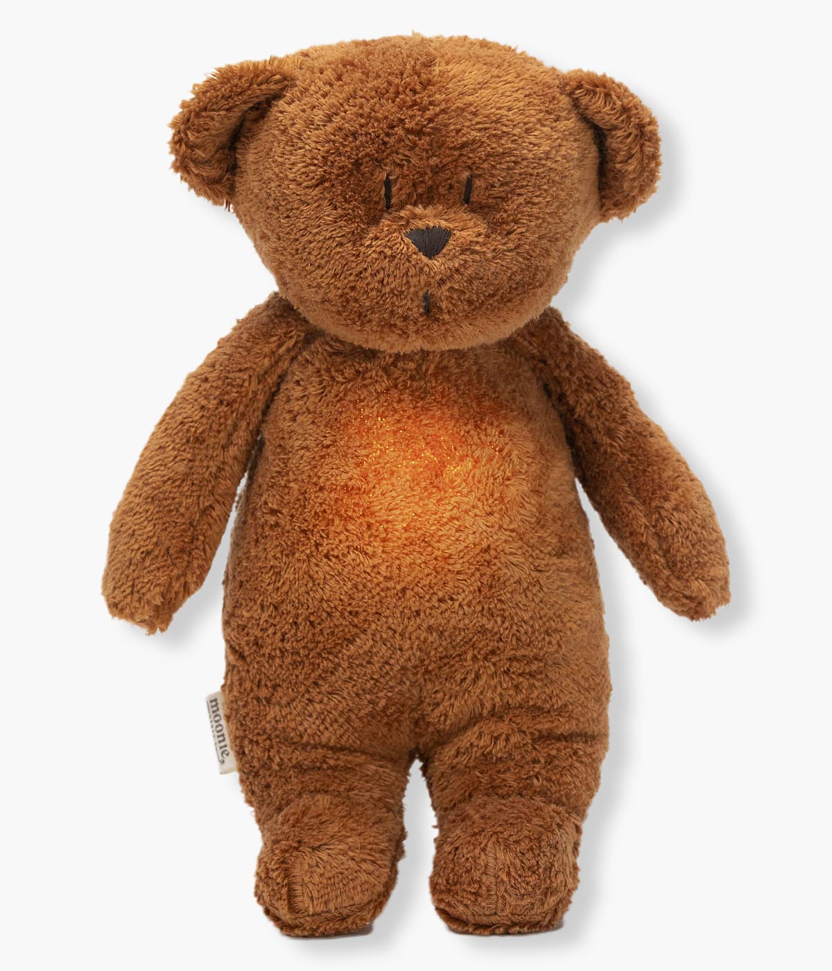 Olá! Eu sou o Urso Moonie Caramel 2.0, o novo melhor amigo do seu bebé. Sou um peluche feito de algodão orgânico castanho, super macio e seguro e tenho um talento especial: consigo ajudar o seu bebé a adormecer mais tranquilamente. Como? Com a ajuda de sons naturais pink noise, luz de presença suave com 7 cores, gravador de voz e um sensor de choro inteligente que me faz entrar em ação sempre que o seu bebé precisa de mim. Juntos vamos transformar as noites e as sestas em momentos de paz.