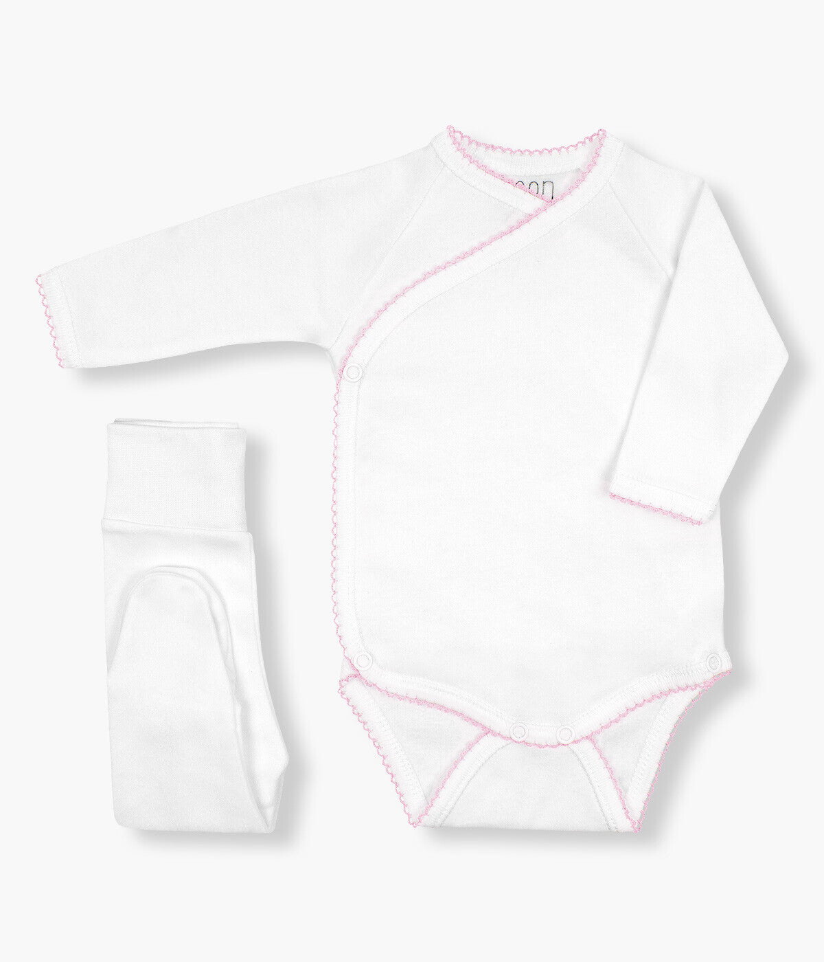 Conjunto de interiores em algodão branco composto por body com picueta rosa e collants para bebé menina e recém-nascida. Body de abertura trepasse com molas de pressão.