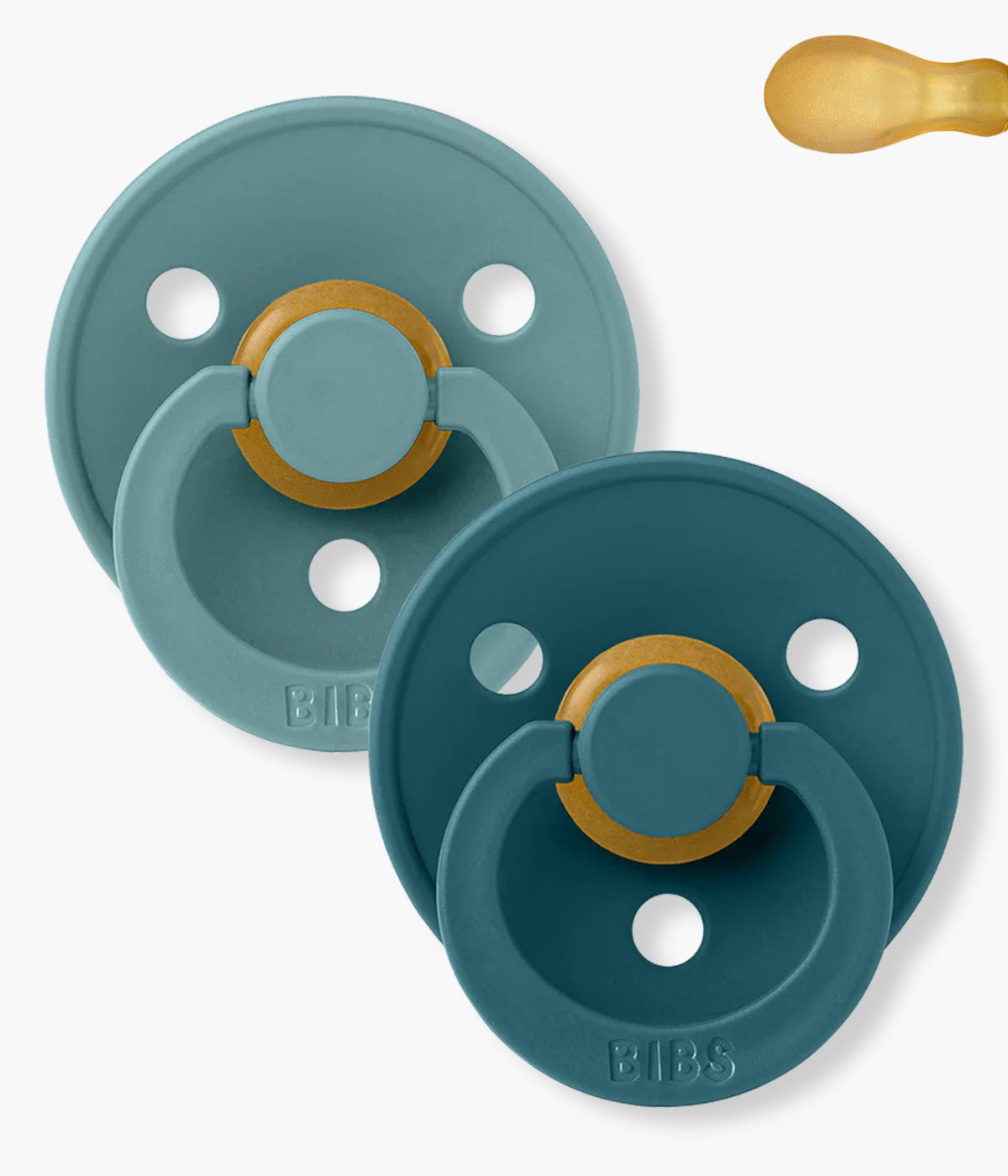 Pack de 2 chupetas Bibs Colour Island Sea/Forest Lake com tetina simétrica 100% borracha natural. Conjunto composto por 1 chupeta azul (island sea) e 1 chupeta verde (forest lake).