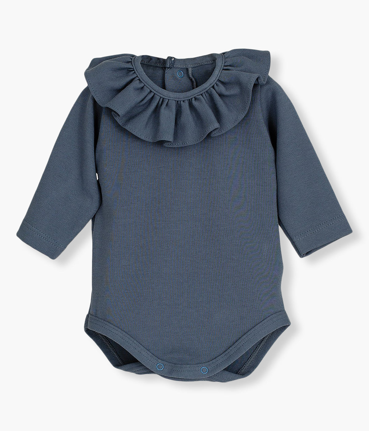 Body de manga comprida com gola folho azul-marinho da marca Calamaro Baby para bebé e recém-nascido(a), 100% algodão. Abertura com molas de pressão nas costas e entrepernas para vestir facilmente.