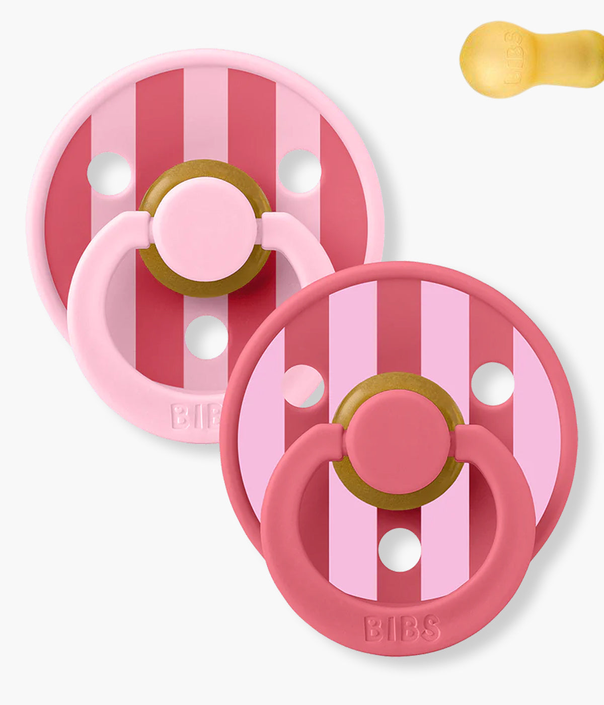 Pack de 2 chupetas Studio Colour Baby Pink Coral Mix com tetina redonda em borracha 100% natural. Conjunto composto por 1 chupeta rosa-claro (baby pink) e 1 chupeta coral, ambas decoradas com riscas.