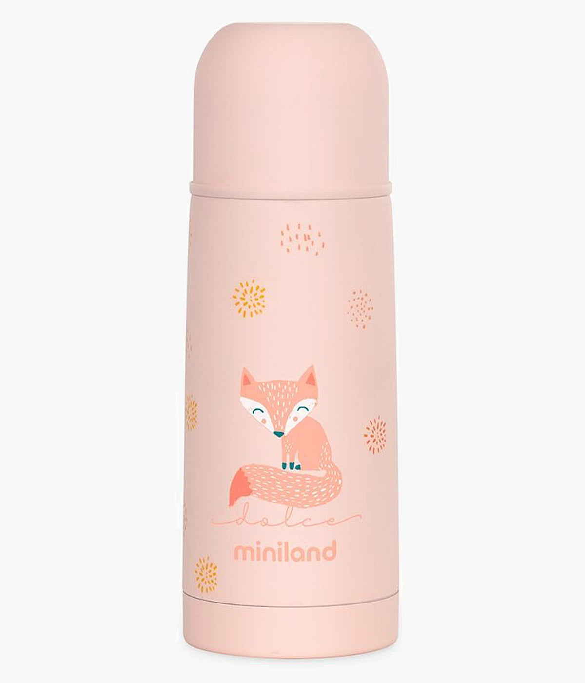Termo para líquidos Miniland Dolce Candy rosa, com capacidade para 350ml, perfeita para manter a temperatura de líquidos quentes ou frios por mais de 24 horas. Este termo é indispensável para ter sempre as refeições do bebé prontas, seja em passeios ou refeições fora de casa.