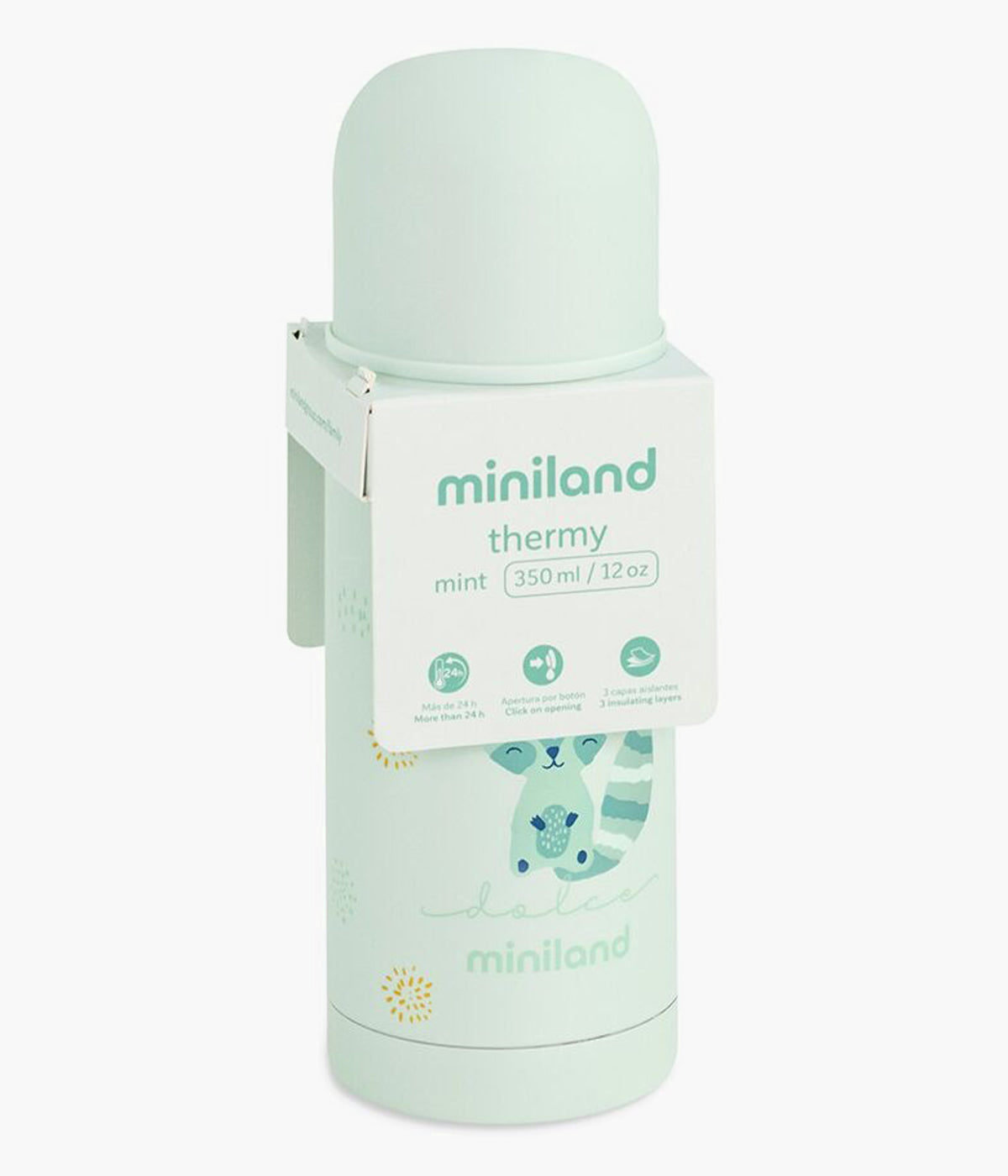 Termo para líquidos Miniland Dolce Mint verde, com capacidade para 350ml, perfeita para manter a temperatura de líquidos quentes ou frios por mais de 24 horas. Este termo é indispensável para ter sempre as refeições do bebé prontas, seja em passeios ou refeições fora de casa.