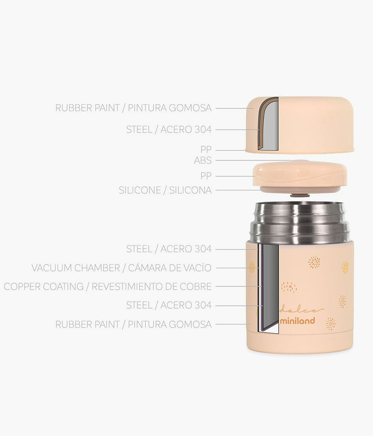 Termo para sólidos Dolce Vanilla da Miniland com capacidade para 600ml. Ideal para manter os alimentos na temperatura ideal por mais de 12h, seja em casa ou em qualquer lugar, esta garrafa térmica de cor baunilha combina funcionalidade com um design moderno.
