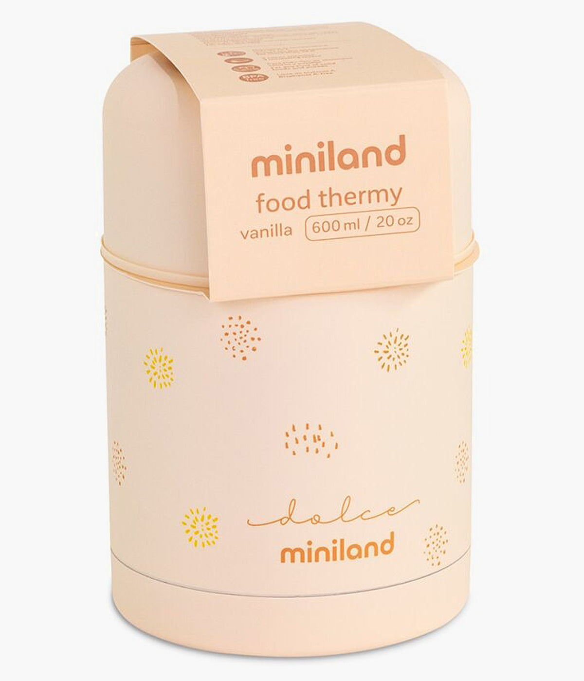 Termo para sólidos Dolce Vanilla da Miniland com capacidade para 600ml. Ideal para manter os alimentos na temperatura ideal por mais de 12h, seja em casa ou em qualquer lugar, esta garrafa térmica de cor baunilha combina funcionalidade com um design moderno.
