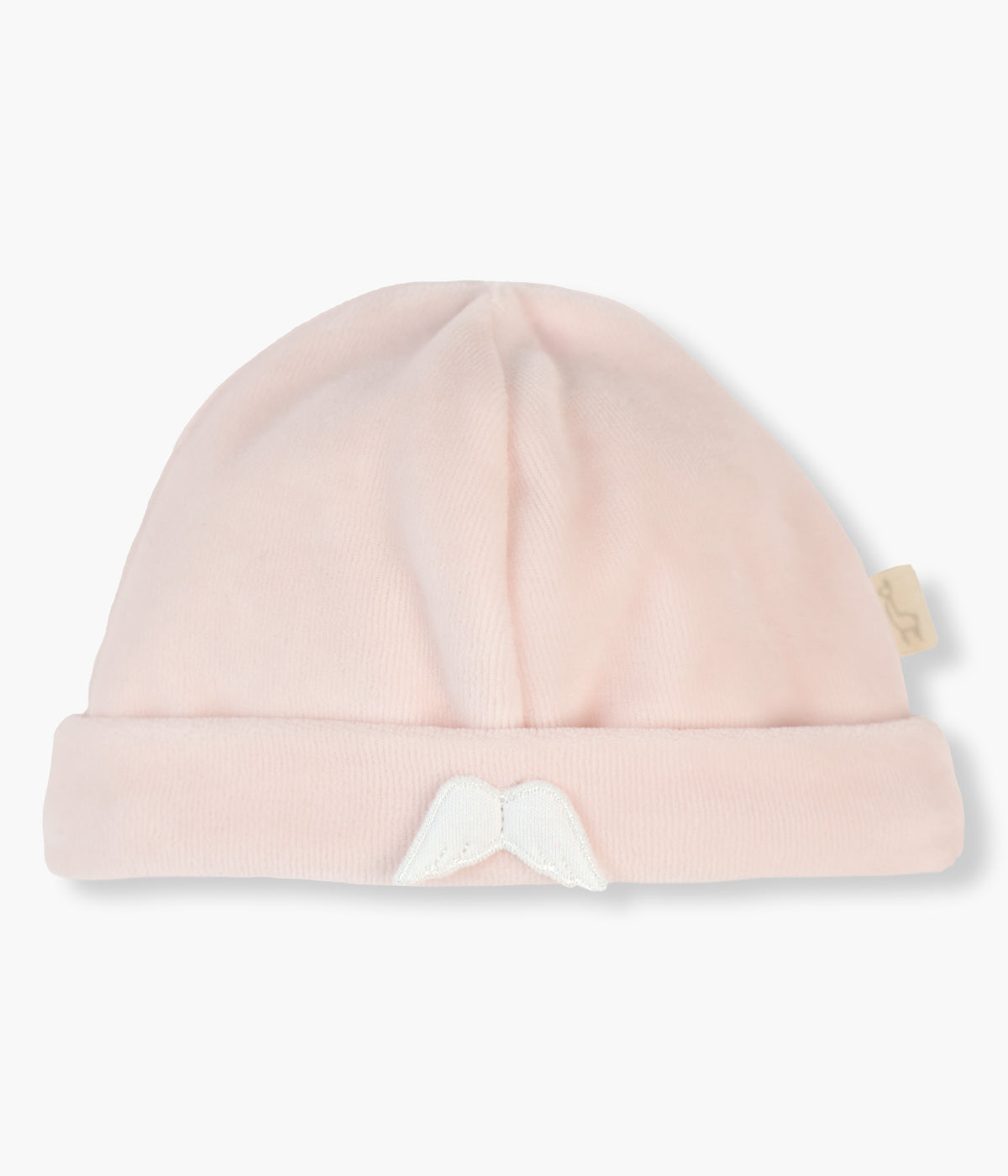 Gorro duplo em veludo nude sem costuras no interior com asas de anjo na frente da Baby Gi para bebé menina e recém-nascida.