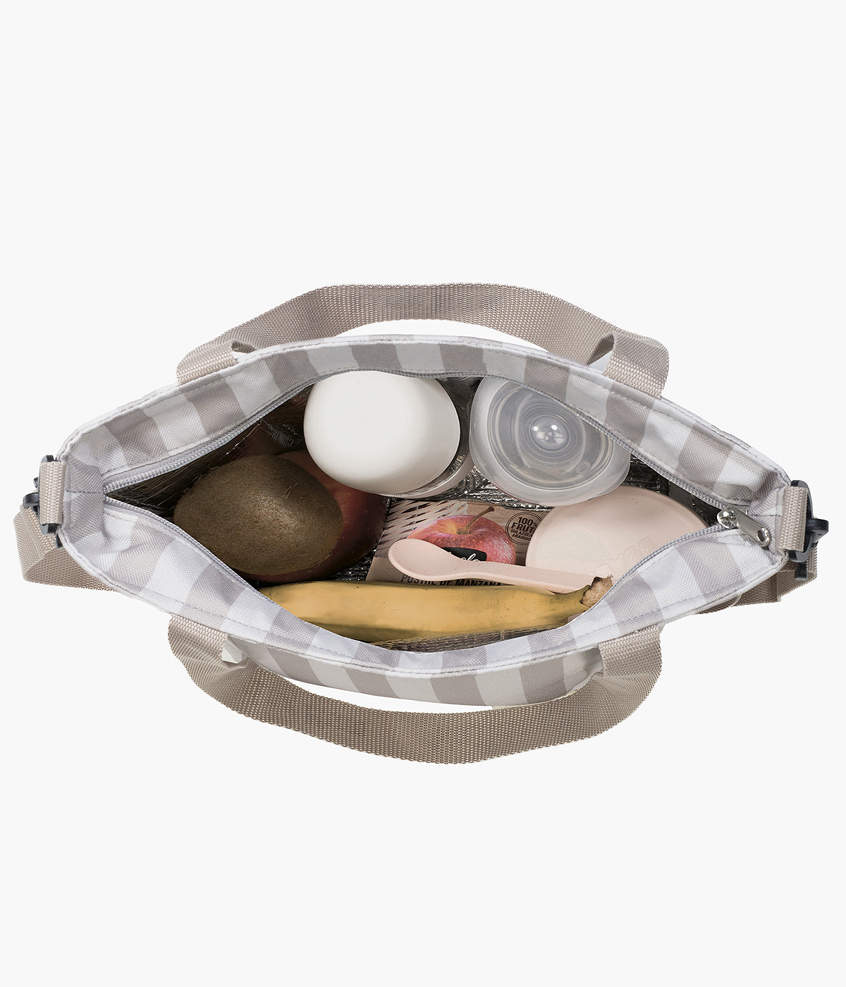 Vista inteiror da bolsa Térmica XL Walking Mum Sintra com padrão riscas bege e cinza. Esta bolsa garante que as bebidas mantêm a sua temperatura por um período de até 12 horas. Possui uma alça longa para usar ao ombro e uma alça curta para a mão, garantindo versatilidade em qualquer passeio.