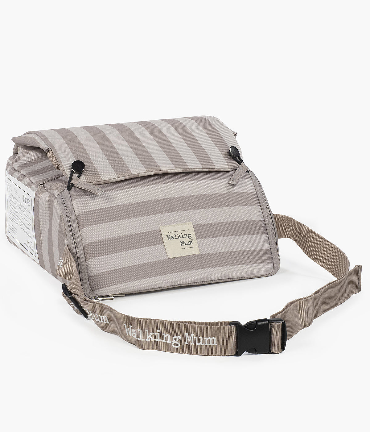 Vista frontal da Cadeira de Refeição Portátil Walking Mum Sintra bege com padrão riscas bege e cinza.