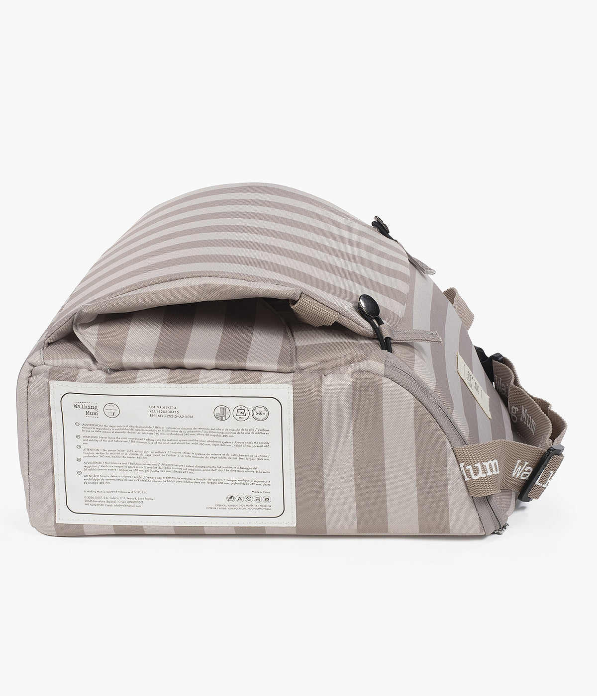 Vista lateral da Cadeira de Refeição Portátil Walking Mum Sintra bege com padrão riscas bege e cinza.