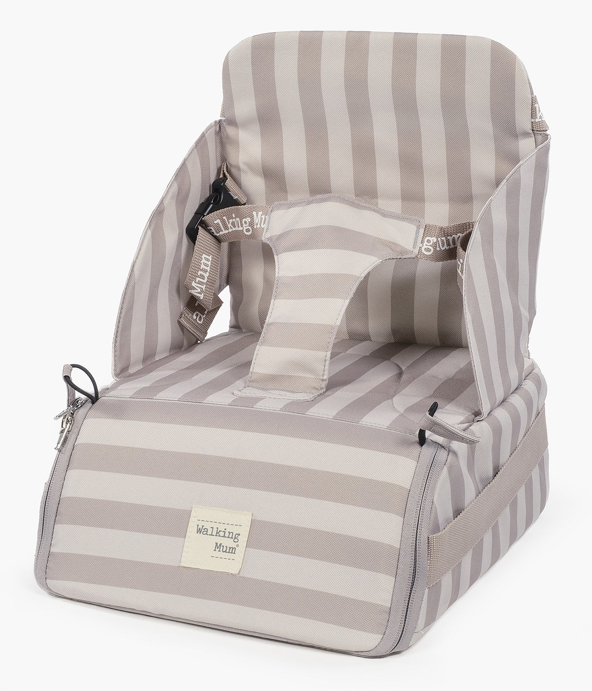 Vista frontal da Cadeira de Refeição Portátil Walking Mum Sintra bege com padrão riscas bege e cinza.