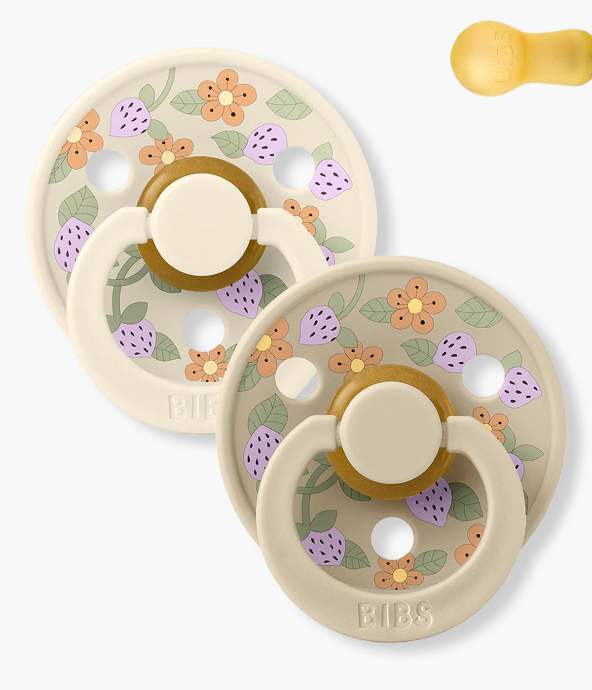 Pack de 2 chupetas Bibs x Liberty Colour Strawberries and Cream Ivory Mix com tetina redonda em borracha 100% natural. Conjunto composto por 1 chupeta marfim e 1 chupeta bege com padrão morangos e flores.