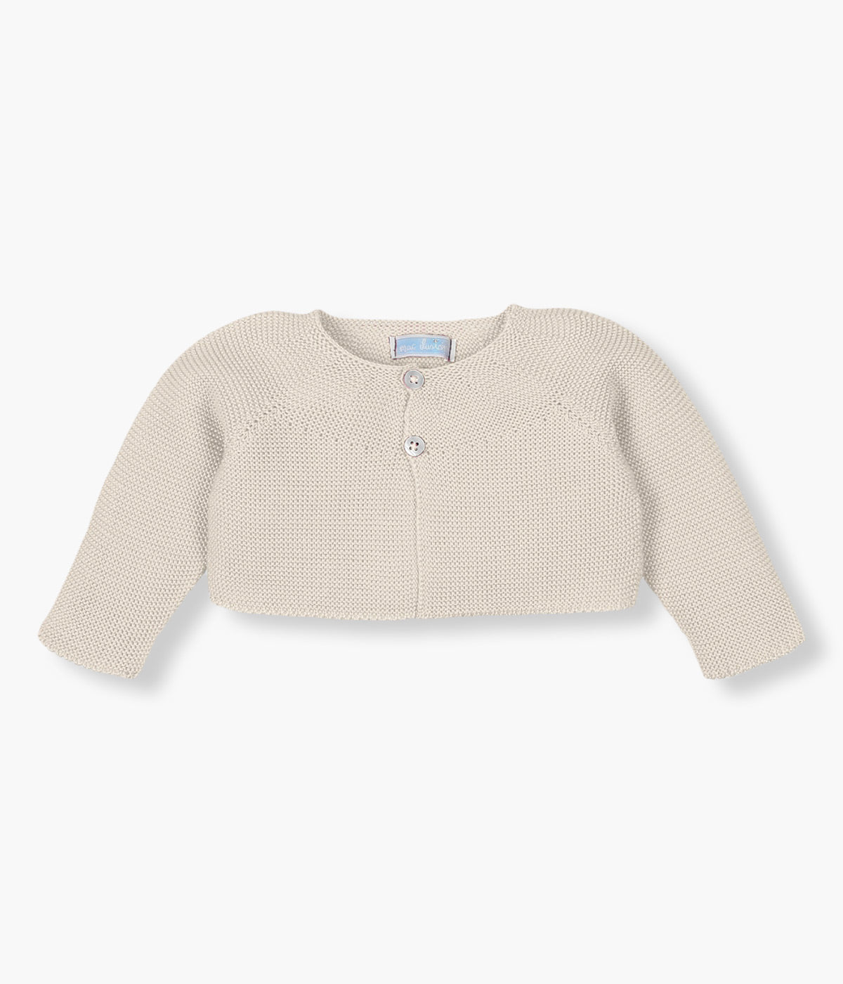 Casaco de malha curto pérola com detalhes na malha e botões madrepérola para bebé menina e recém-nascida.