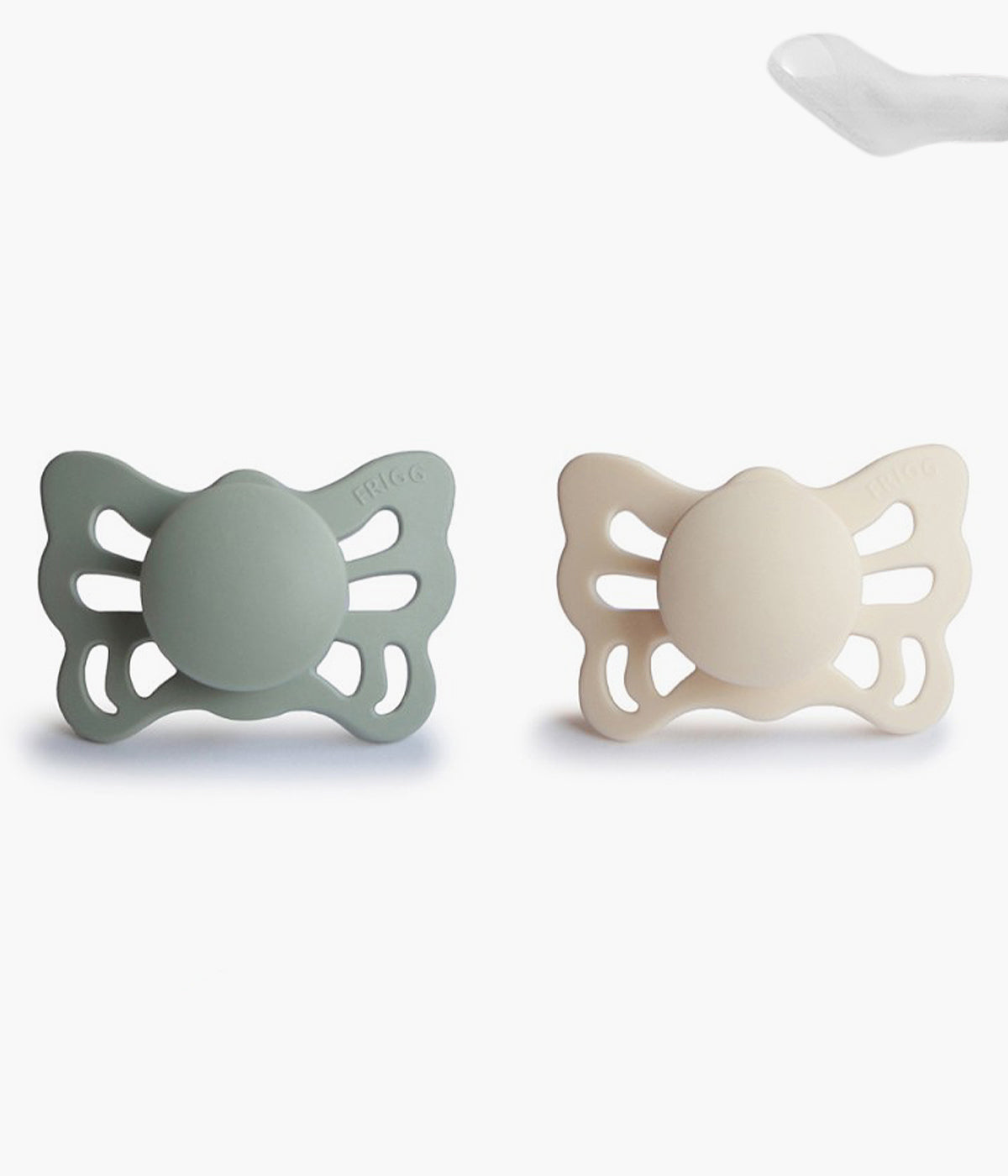 Pack de 2 chupetas Frigg Butterfly de design inspirado na elegância e transformação das borboletas. Conjunto composto por 1 chupeta pérola (cream) e 1 chupeta verde (sage) com tetina anatómica em silicone SilkySoft.