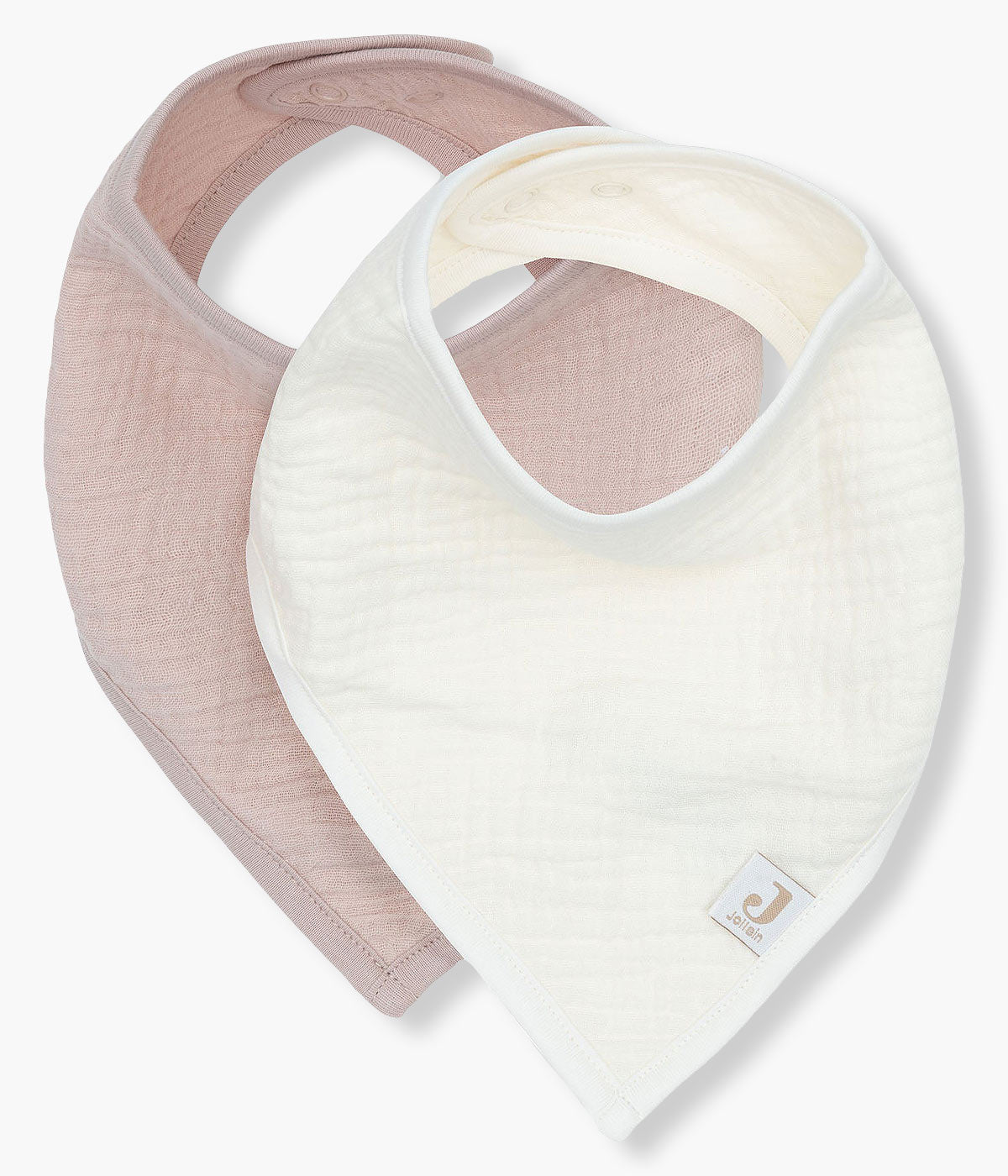 Pack composto por duas bandanas em algodão musselina rosa e pérola marca Jollein para bebé menina e recém-nascida. Fecho com molas de pressão.
