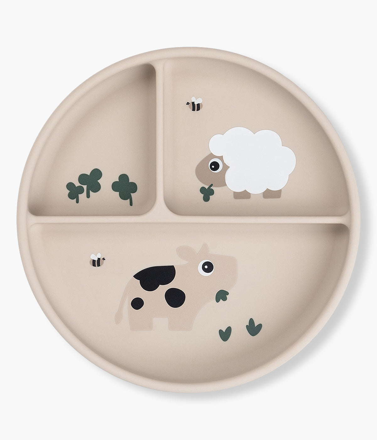 Vista de cima do prato com divisórias em silicone de grau alimentar Done by Deer Tiny Farm bege, com base de sucção antiderrapante.