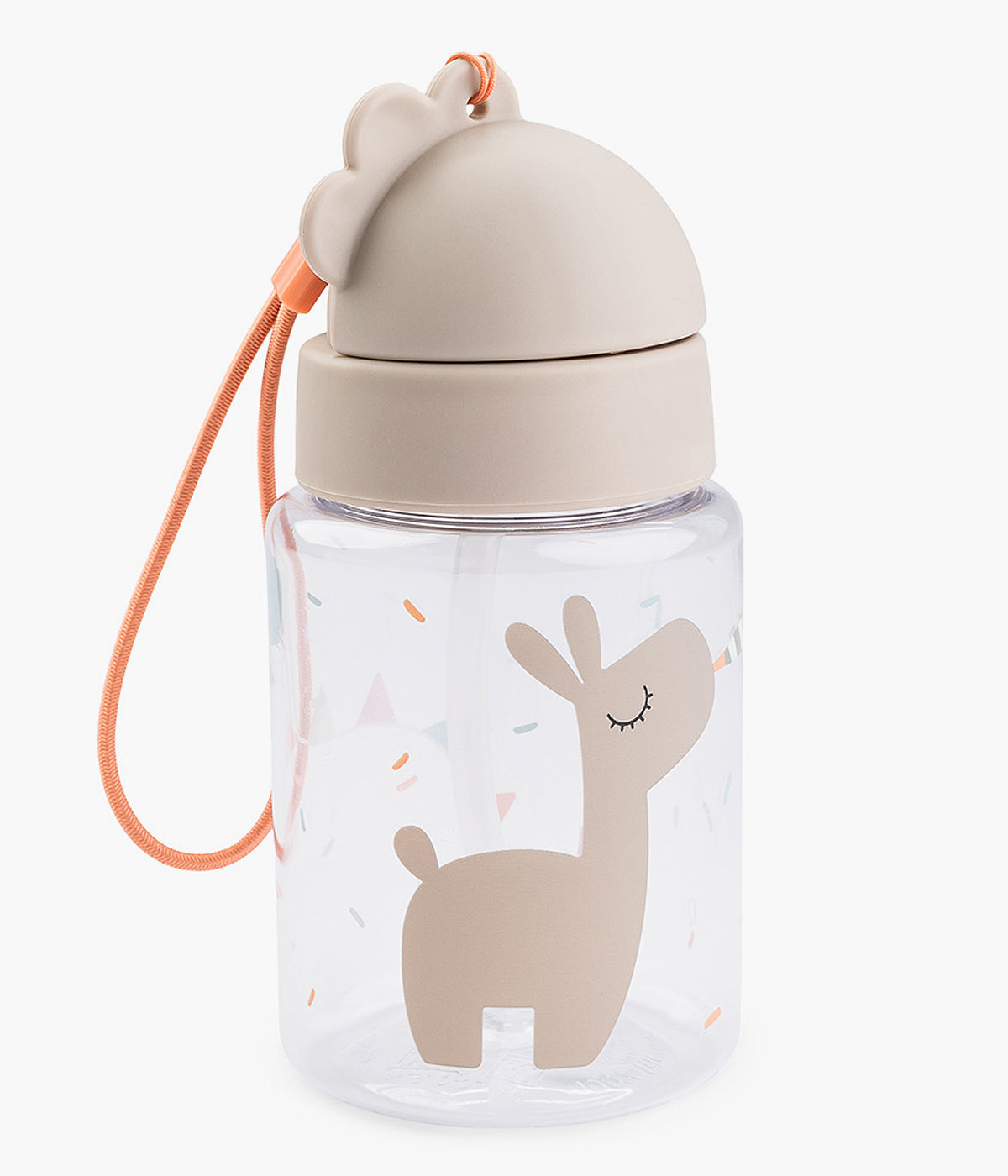 Garrafa com palhinha Done By Deer Celebration de 280ml, perfeita para acompanhar o bebé para todo o lado! Com um design prático e divertido, esta garrafa transparente decorada com a girafa Lalee e com tampa bege, torna-se o acessório ideal para manter o bebé hidratado ao longo do dia.