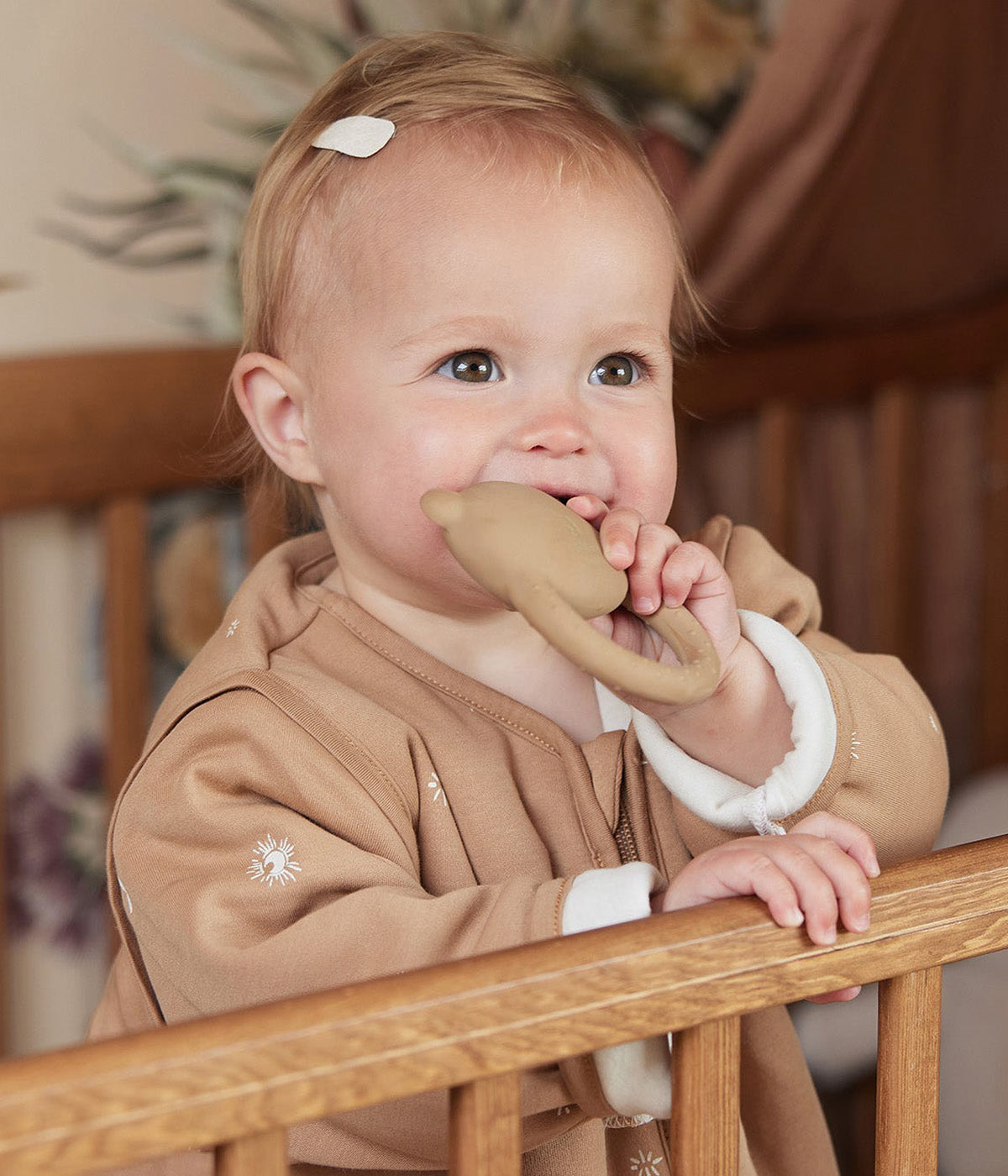 Anel de dentição para bebé da marca Jollein, ideal para aliviar o desconforto do nascimento dos primeiros dentinhos. Com formato de urso castanho, feito de borracha natural resistente e macia, proporciona uma experiência de mastigação agradável, ajudando no desenvolvimento da mandíbula e reduzindo a dor da dentição.