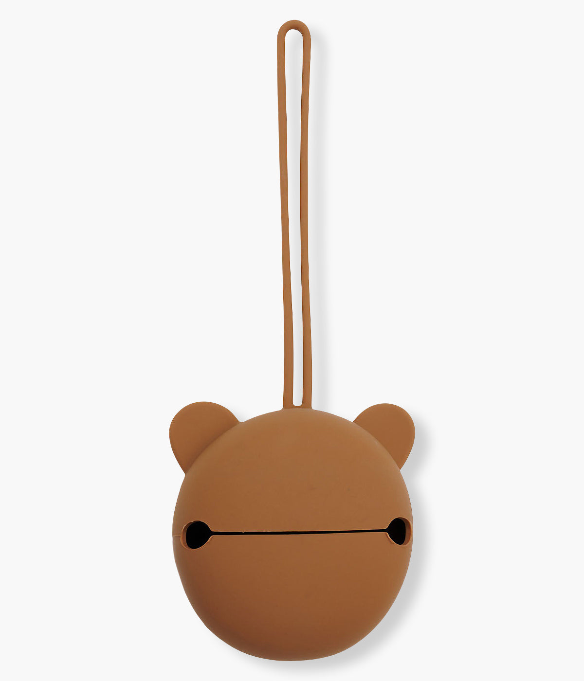 Porta-chupeta em silicone da marca Jollein em forma de cabeça de urso na cor castanho, com gancho para fixação.
