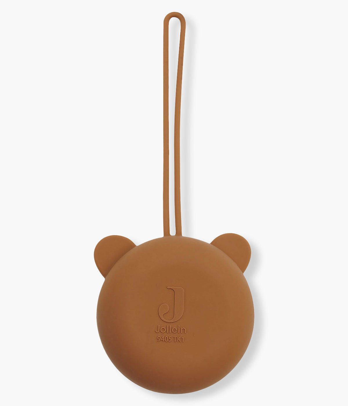 Vista de trás do porta-chupeta em silicone da marca Jollein em forma de cabeça de urso na cor castanho, com gancho para fixação.