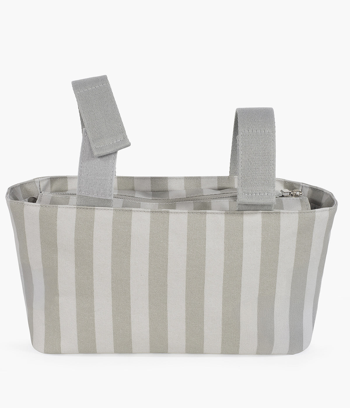 Bolsa organizadora Walking Mum Sintra com riscas verde e cinza. Desenhada para simplificar o dia a dia das famílias, esta bolsa impermeável mantém tudo o que é essencial bem organizado e acessível durante os passeios com o bebé.