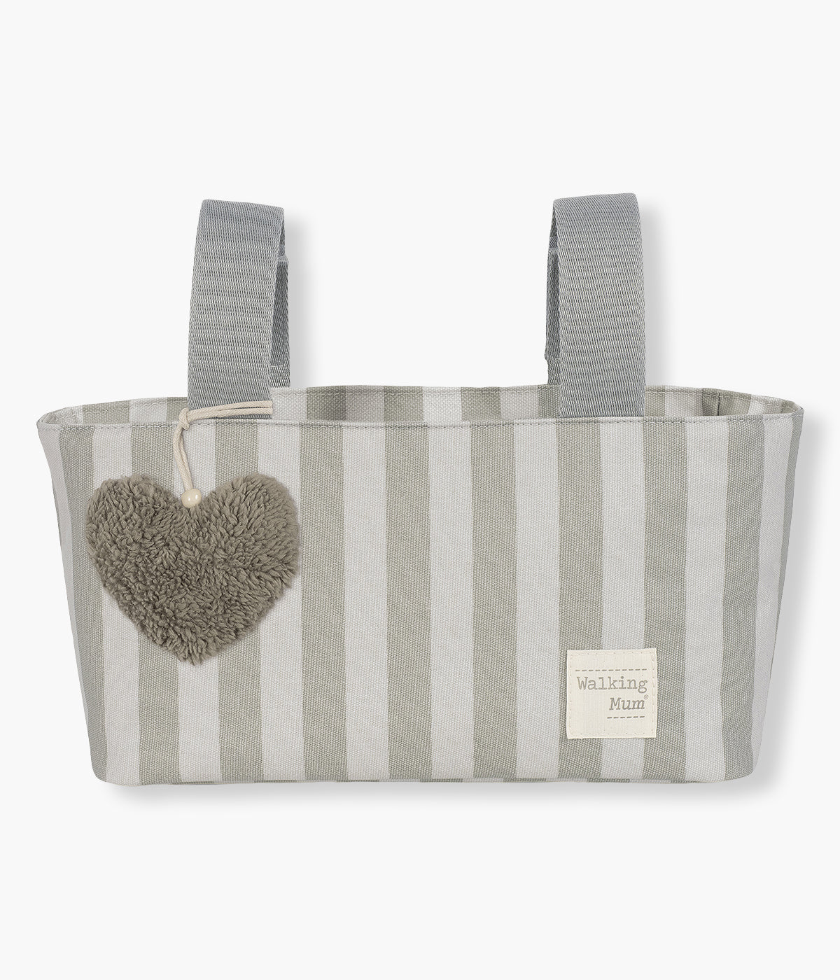 Bolsa organizadora Walking Mum Sintra com riscas verde e cinza. Desenhada para simplificar o dia a dia das famílias, esta bolsa impermeável mantém tudo o que é essencial bem organizado e acessível durante os passeios com o bebé.