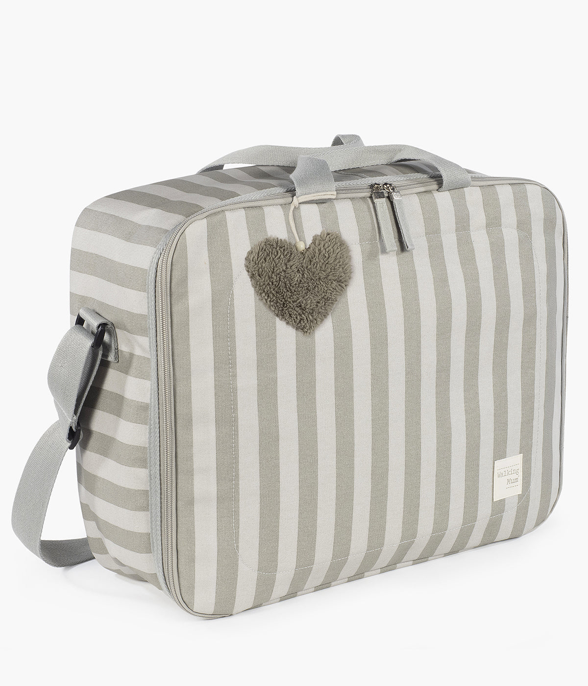 Mala de maternidade Walking Mum Sintra. Com um padrão riscas verdes e cinza, esta mala impermeável oferece o equilíbrio perfeito entre estilo e praticidade, permitindo-lhe transportar tudo o que precisa para o dia do nascimento de forma organizada e confortável.
