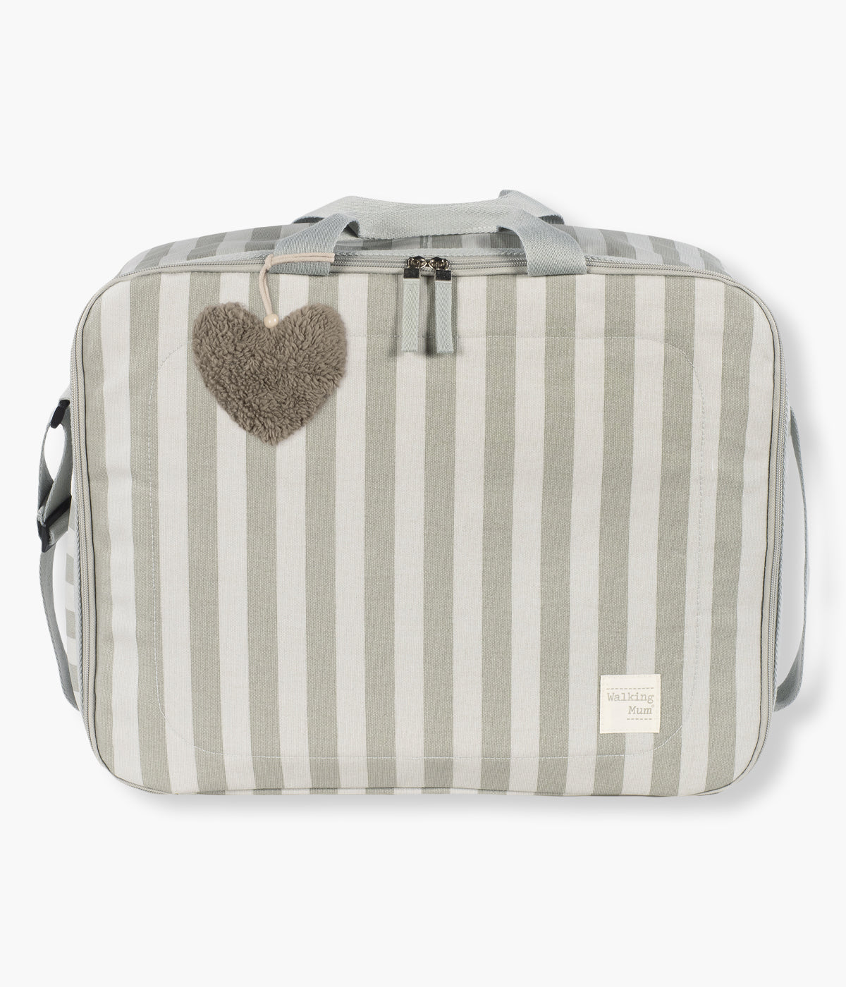 Mala de maternidade Walking Mum Sintra. Com um padrão riscas verdes e cinza, esta mala impermeável oferece o equilíbrio perfeito entre estilo e praticidade, permitindo-lhe transportar tudo o que precisa para o dia do nascimento de forma organizada e confortável.