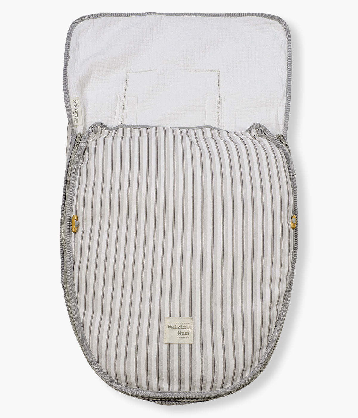 Saco de dormir 2 em 1 Walking Mum Botton Strips com elegante padrão riscas cinza-claro e cinza-escuro em fundo branco e interior em musselina, 100% algodão. Confortável saco de dormir para bebé adaptável a qualquer alcofa e babycoque grupo 0.