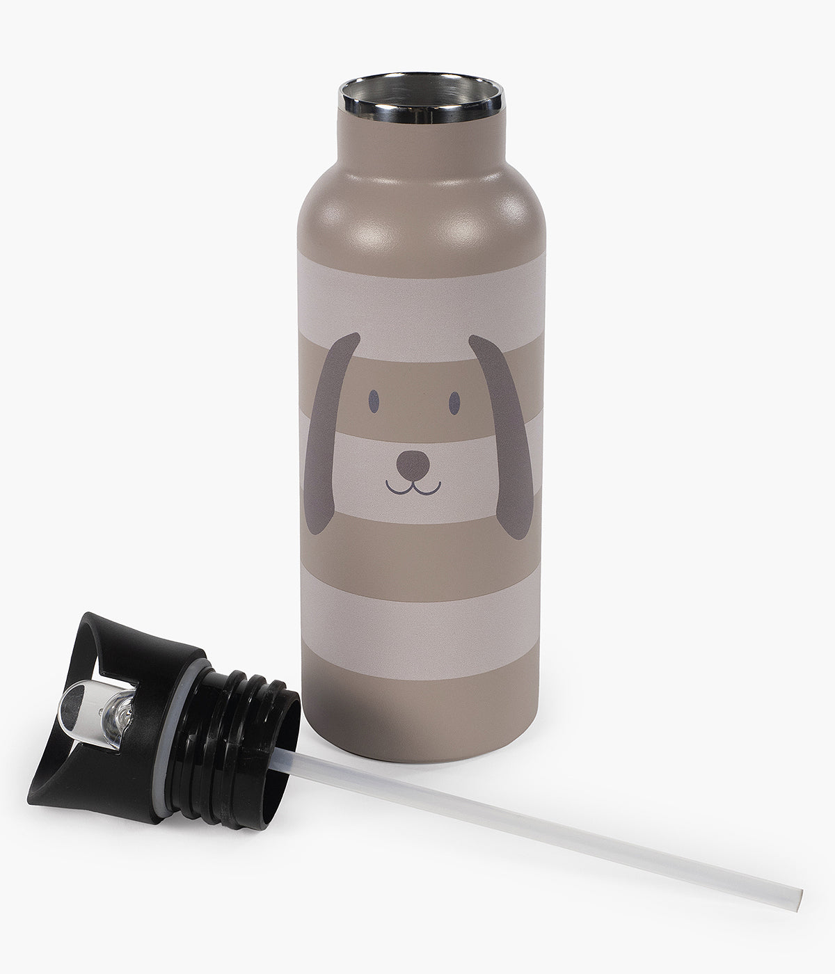 Garrafa térmica com palhinha Sintra da Walking Mum. Divertida garrafa com padrão riscas bege e cinza com desenho de cão que mantém as bebidas frias ou quentes por até 8h. Prática, resistente e perfeita para acompanhar o dia a dia.