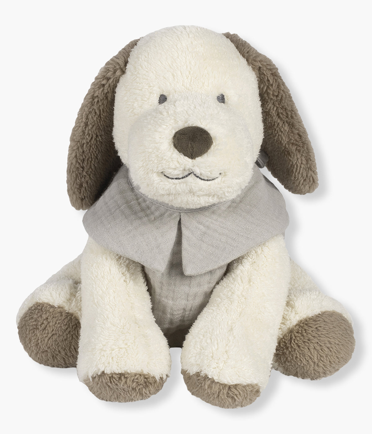 Peluche Walking Mum Sintra para bebé e recém-nascido em forma de cão com 27cm pérola com orelhas e patas castanhas e roupa em tons de verde.