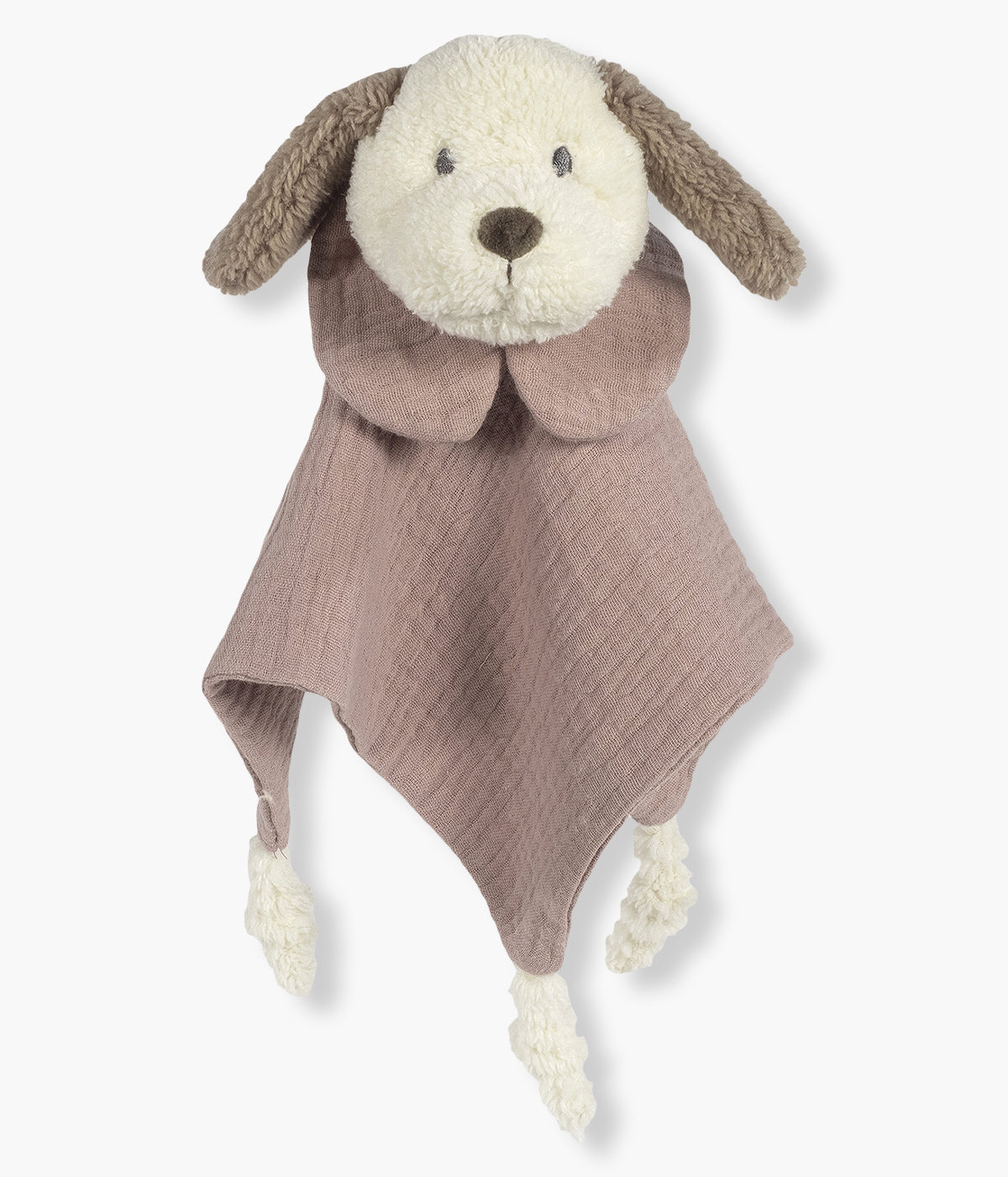 Doudou Walking Mum Sintra em forma de cão para bebé e recém-nascido em tecido musselina em tons de bege.