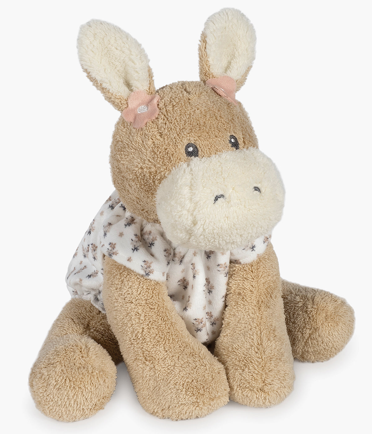 Peluche Walking Mum Botton Flowers para bebé menina e recém-nascida com 27cm em forma de burro de cor bege com orelhas e focinho em pérola e roupa com padrão floral.