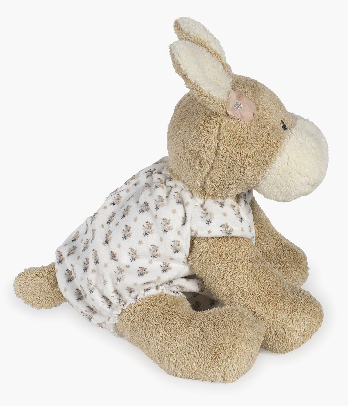 Peluche Walking Mum Botton Flowers para bebé menina e recém-nascida com 27cm em forma de burro de cor bege com orelhas e focinho em pérola e roupa com padrão floral.