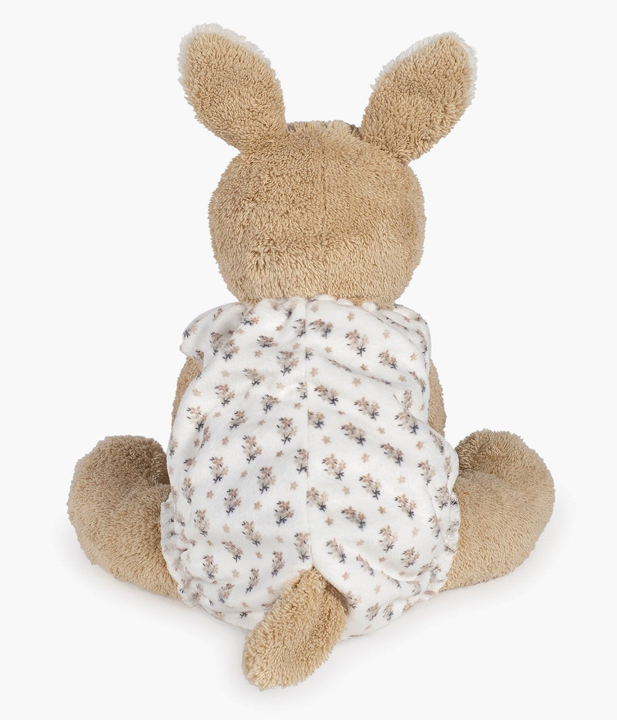 Peluche Walking Mum Botton Flowers para bebé menina e recém-nascida com 27cm em forma de burro de cor bege com orelhas e focinho em pérola e roupa com padrão floral.