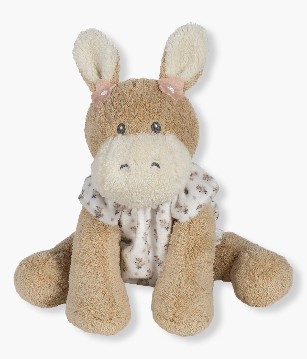 Peluche Walking Mum Botton Flowers para bebé menina e recém-nascida com 27cm em forma de burro de cor bege com orelhas e focinho em pérola e roupa com padrão floral.