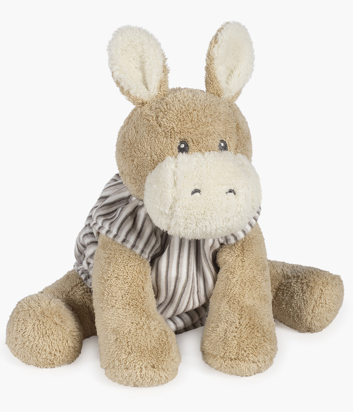 Peluche Walking Mum Botton Strips para bebé e recém-nascido com 27cm em forma de burro de cor bege com orelhas e focinho em pérola e roupa com padrão riscas em tons de cinza.