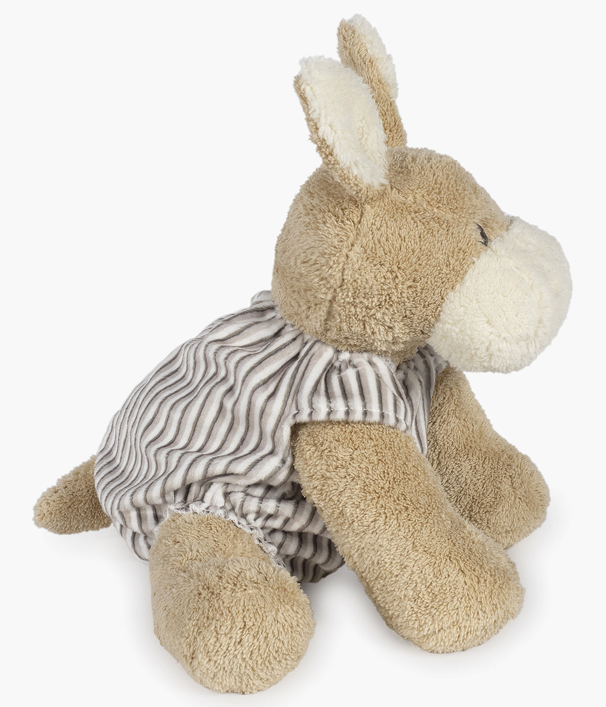 Peluche Walking Mum Botton Strips para bebé e recém-nascido com 27cm em forma de burro de cor bege com orelhas e focinho em pérola e roupa com padrão riscas em tons de cinza.