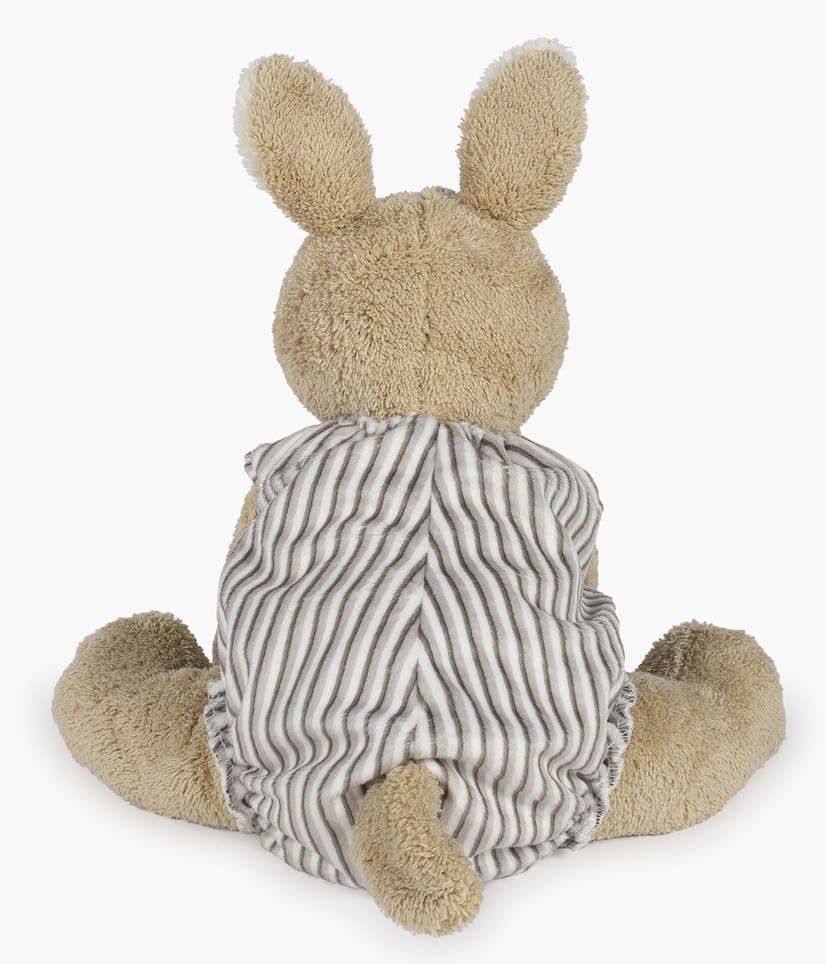 Peluche Walking Mum Botton Strips para bebé e recém-nascido com 27cm em forma de burro de cor bege com orelhas e focinho em pérola e roupa com padrão riscas em tons de cinza.