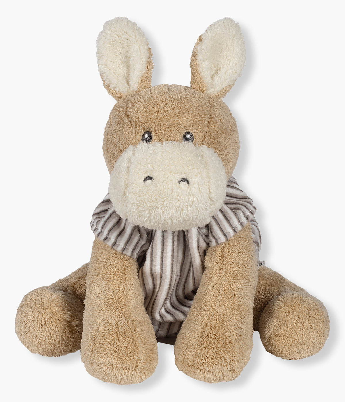 Peluche Walking Mum Botton Strips para bebé e recém-nascido com 27cm em forma de burro de cor bege com orelhas e focinho em pérola e roupa com padrão riscas em tons de cinza.