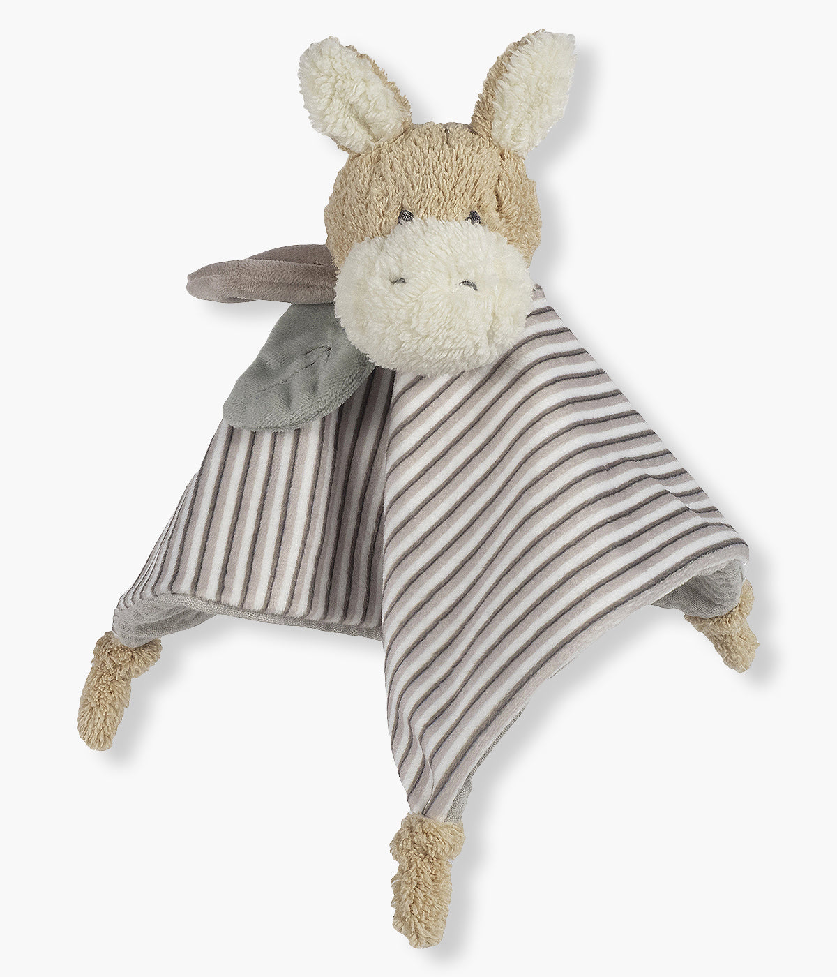 Doudou Walking Mum Bottton Strips em forma de burro para bebé e recém-nascido em tecido musselina de algodão com padrão riscas em tons de cinza.