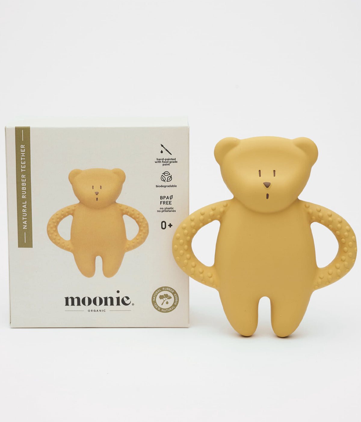 Mordedor Moonie Honey em borracha natural com design ergonómico e seguro para bebés com a caixa.