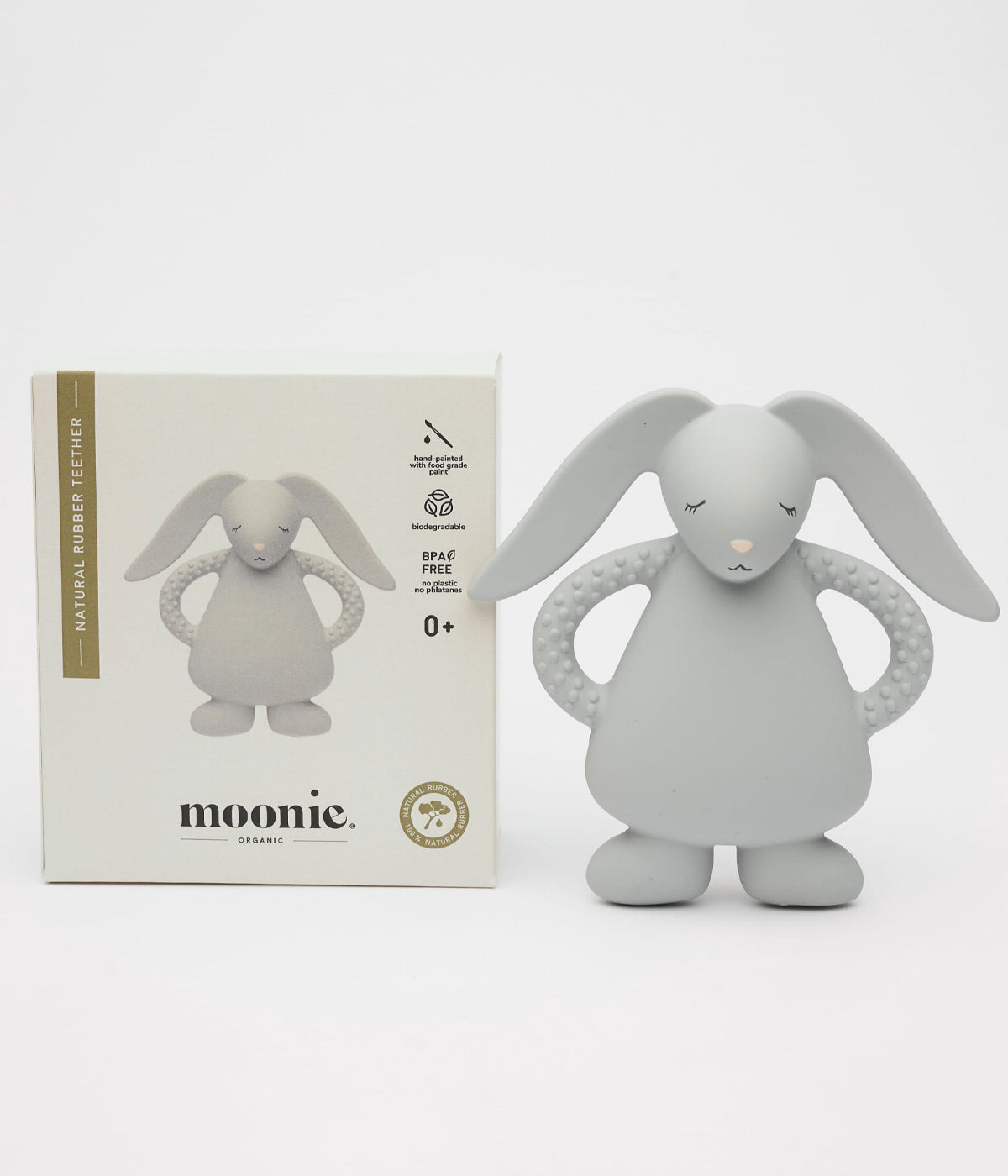 Mordedor Moonie gray em borracha natural com design ergonómico e seguro para bebés com caixa de cartão.